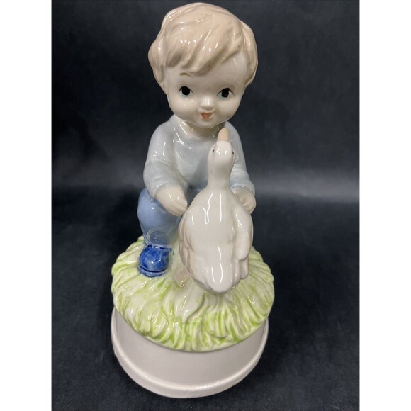 VTG Rotating Music Box Ceramic Figurine Boy & Duck 7” Tall Works - Picture 2 of 9